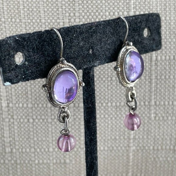 Vintage Earring Silver Tone Purple Faux Stone Drop Down Earring Jewelry - Picture 7 of 9